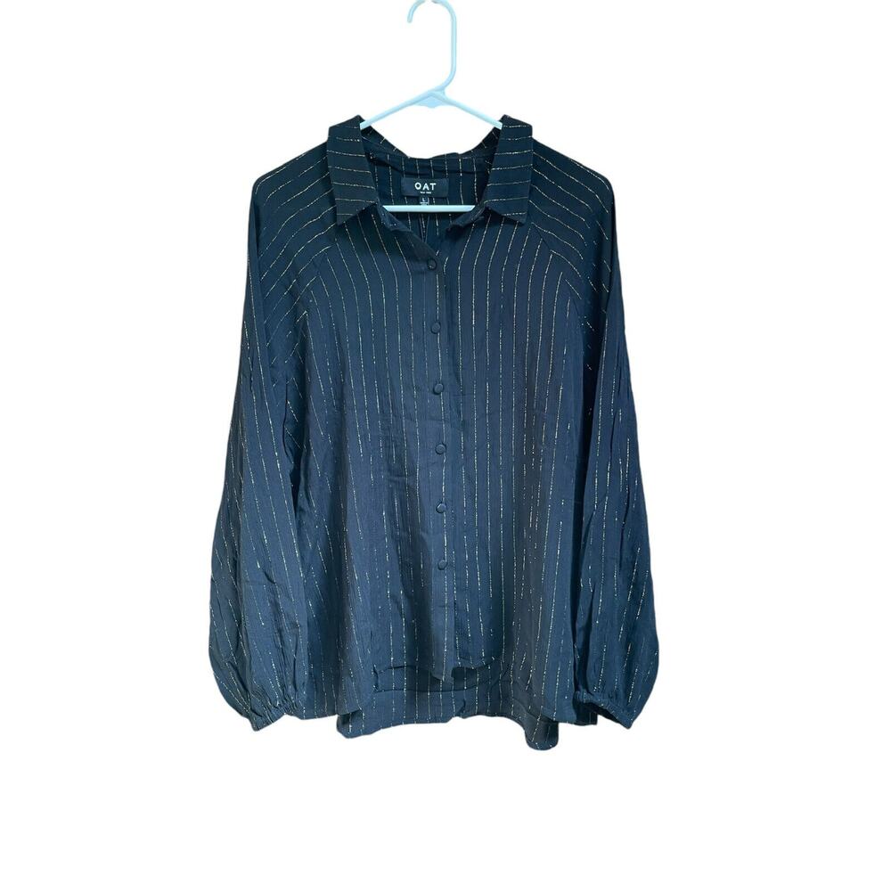 OAT Black Metallic Gold Striped Long Sleeve Collared Button Up Shirt Size L NWT